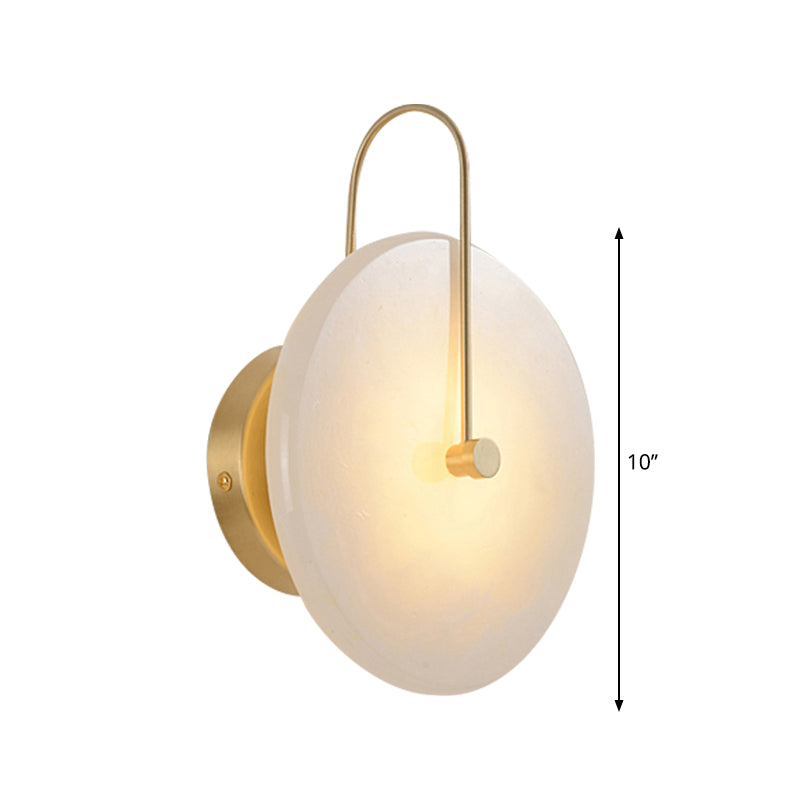 7"/10" Wide Circular Sconce Light Colonialist Acrylic Opal Frosted 1 Head Wall Lamp Fixture with Gold Curved Arm Clearhalo 'Wall Lamps & Sconces' 'Wall Lights' Lighting' 270956