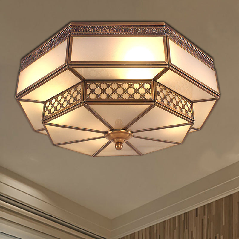 Octagon Bedroom Flush Mount Light Colonial Mouth Blown Opaline Glass 4 Bulbs Brass Close to Ceiling Lamp Clearhalo 'Ceiling Lights' 'Close To Ceiling Lights' 'Close to ceiling' 'Flush mount' Lighting' 270958