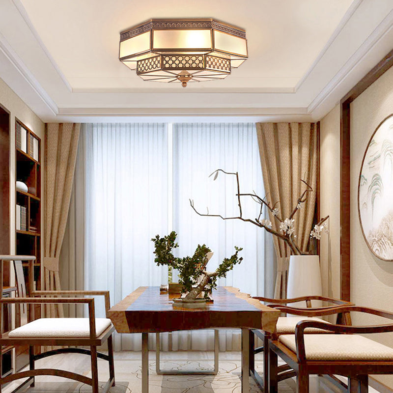 Octagon Bedroom Flush Mount Light Colonial Mouth Blown Opaline Glass 4 Bulbs Brass Close to Ceiling Lamp Clearhalo 'Ceiling Lights' 'Close To Ceiling Lights' 'Close to ceiling' 'Flush mount' Lighting' 270959