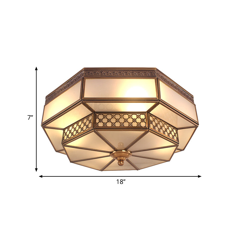 Octagon Bedroom Flush Mount Light Colonial Mouth Blown Opaline Glass 4 Bulbs Brass Close to Ceiling Lamp Clearhalo 'Ceiling Lights' 'Close To Ceiling Lights' 'Close to ceiling' 'Flush mount' Lighting' 270961