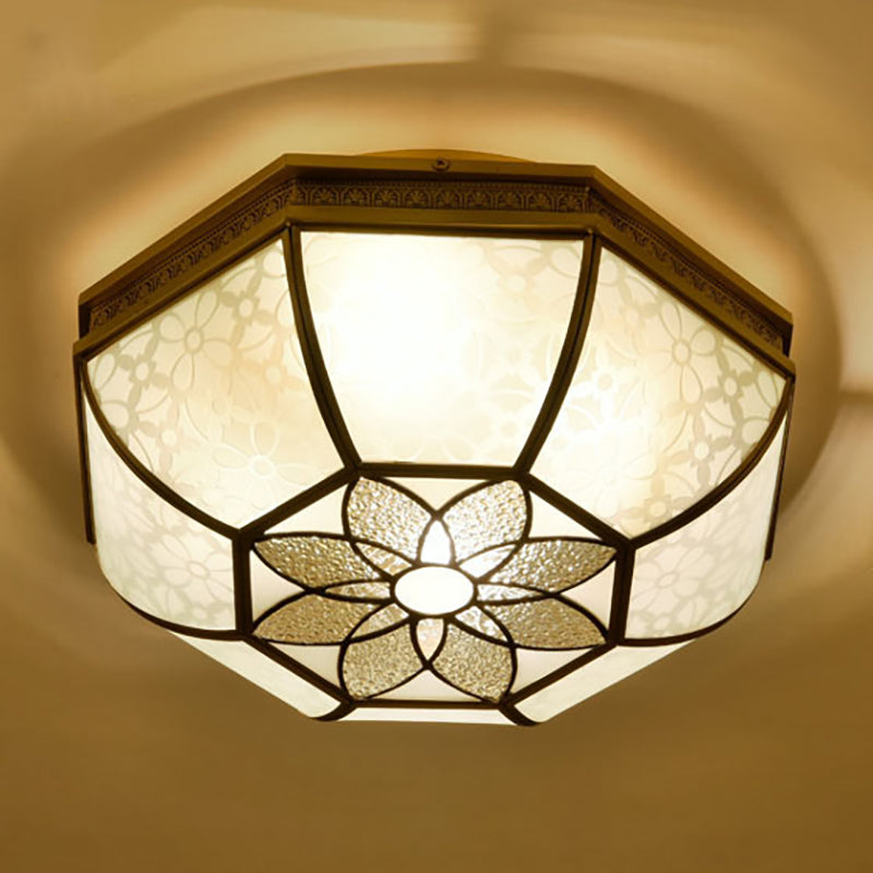 Colonialist Beveled Ceiling Mounted Light 4 Bulbs Opaque Glass Flush Mount Light Fixture in Brass for Bedroom Clearhalo 'Ceiling Lights' 'Close To Ceiling Lights' 'Close to ceiling' 'Flush mount' Lighting' 270981