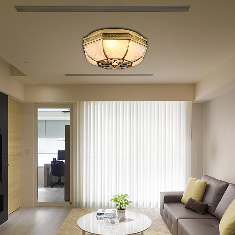 Colonialist Beveled Ceiling Mounted Light 4 Bulbs Opaque Glass Flush Mount Light Fixture in Brass for Bedroom Clearhalo 'Ceiling Lights' 'Close To Ceiling Lights' 'Close to ceiling' 'Flush mount' Lighting' 270982