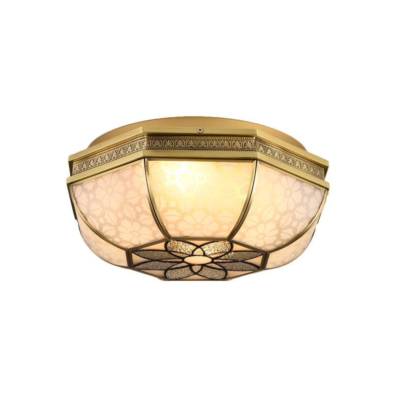 Colonialist Beveled Ceiling Mounted Light 4 Bulbs Opaque Glass Flush Mount Light Fixture in Brass for Bedroom Clearhalo 'Ceiling Lights' 'Close To Ceiling Lights' 'Close to ceiling' 'Flush mount' Lighting' 270983