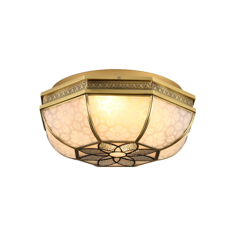Colonialist Beveled Ceiling Mounted Light 4 Bulbs Opaque Glass Flush Mount Light Fixture in Brass for Bedroom Clearhalo 'Ceiling Lights' 'Close To Ceiling Lights' 'Close to ceiling' 'Flush mount' Lighting' 270983