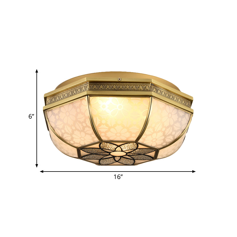 Colonialist Beveled Ceiling Mounted Light 4 Bulbs Opaque Glass Flush Mount Light Fixture in Brass for Bedroom Clearhalo 'Ceiling Lights' 'Close To Ceiling Lights' 'Close to ceiling' 'Flush mount' Lighting' 270984
