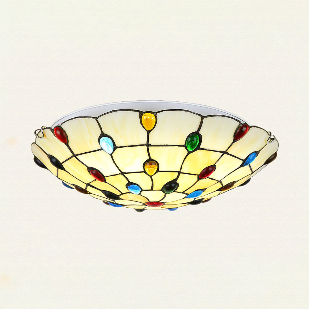 Beige Bowl Flushmount Ceiling Light 12"/16"/19.5" Width Vintage Stained Glass Flush Mount Ceiling Light for Living Room Clearhalo 'Ceiling Lights' 'Close To Ceiling Lights' 'Close to ceiling' 'Flush mount' Lighting' 27099