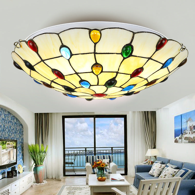 Beige Bowl Flushmount Ceiling Light 12"/16"/19.5" Width Vintage Stained Glass Flush Mount Ceiling Light for Living Room Beige Clearhalo 'Ceiling Lights' 'Close To Ceiling Lights' 'Close to ceiling' 'Flush mount' Lighting' 27101