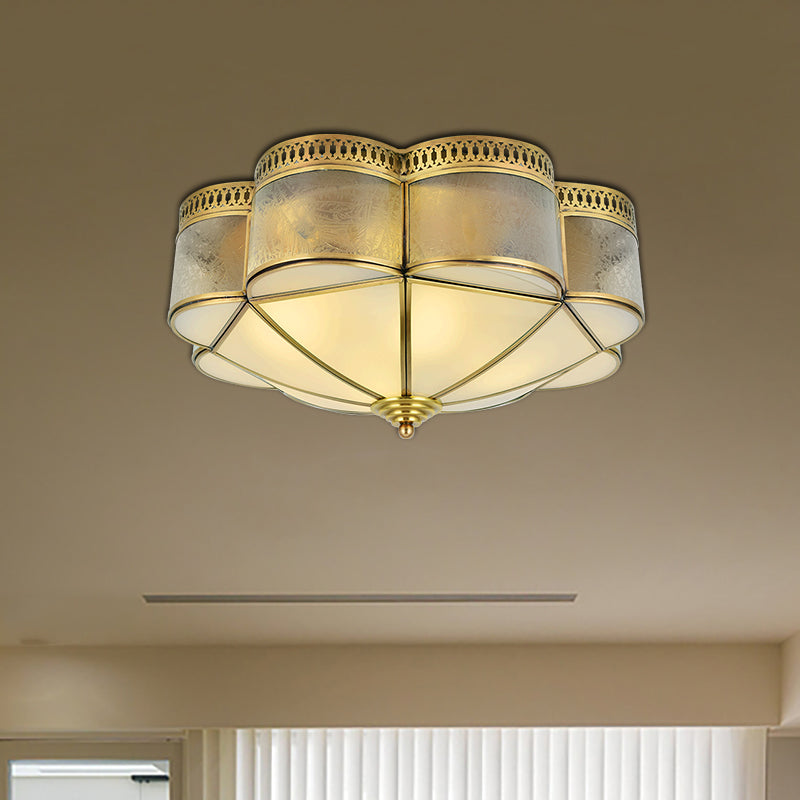 Curved Frosted Glass Brass Ceiling Flush Scallop 2 Heads Colonialist Flush Mount Lamp for Bedroom Brass Clearhalo 'Ceiling Lights' 'Close To Ceiling Lights' 'Close to ceiling' 'Flush mount' Lighting' 271031