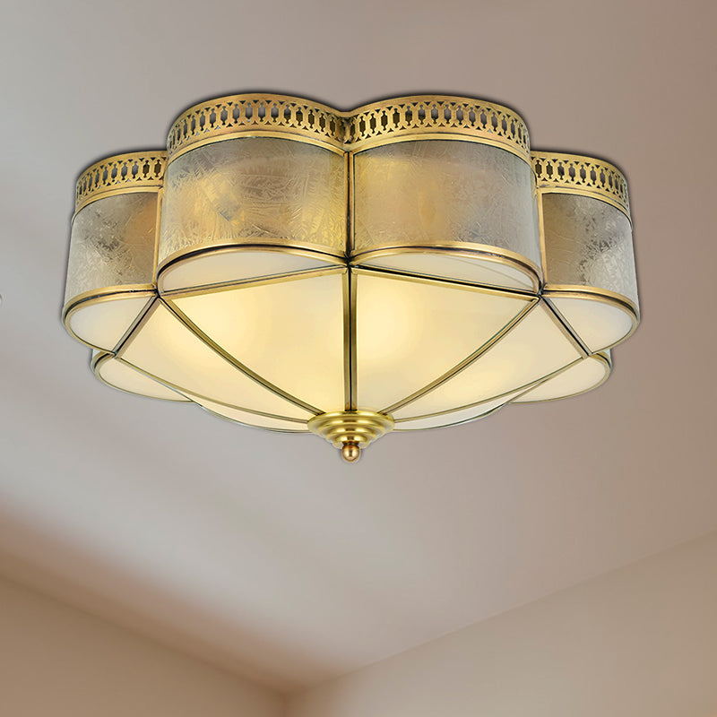 Curved Frosted Glass Brass Ceiling Flush Scallop 2 Heads Colonialist Flush Mount Lamp for Bedroom Clearhalo 'Ceiling Lights' 'Close To Ceiling Lights' 'Close to ceiling' 'Flush mount' Lighting' 271032