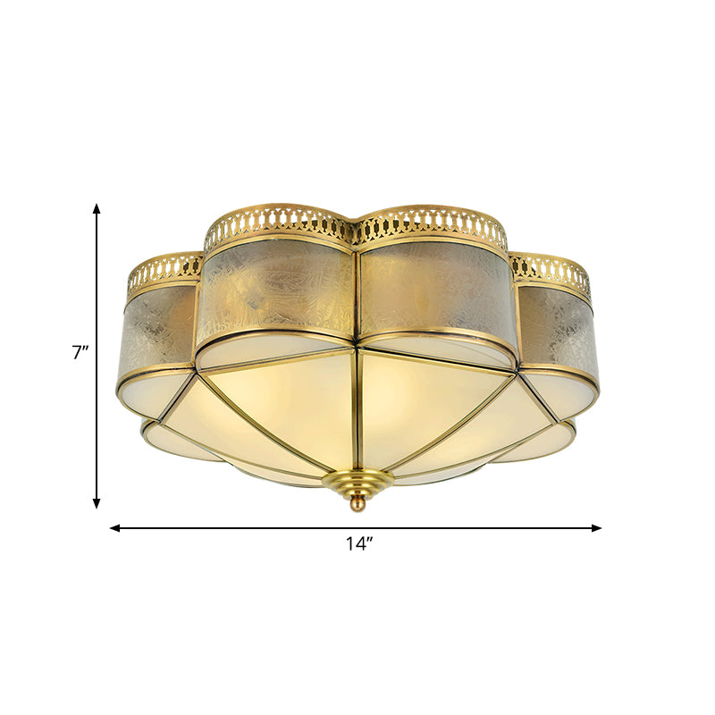 Curved Frosted Glass Brass Ceiling Flush Scallop 2 Heads Colonialist Flush Mount Lamp for Bedroom Clearhalo 'Ceiling Lights' 'Close To Ceiling Lights' 'Close to ceiling' 'Flush mount' Lighting' 271035