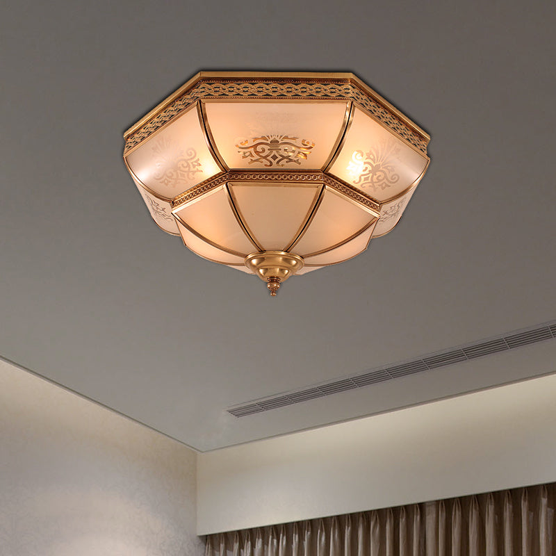 3/4 Bulbs Bowl Ceiling Mount Colonial Brass Curved Frosted Glass Flush Light Fixture for Living Room, 16.5"/18" W Brass Clearhalo 'Ceiling Lights' 'Close To Ceiling Lights' 'Close to ceiling' 'Flush mount' Lighting' 271043