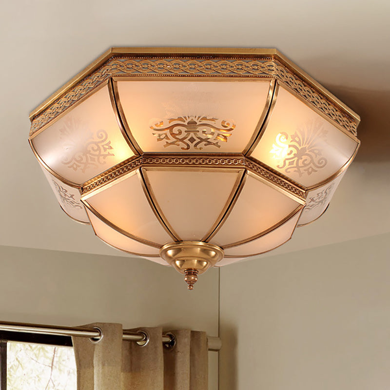 3/4 Bulbs Bowl Ceiling Mount Colonial Brass Curved Frosted Glass Flush Light Fixture for Living Room, 16.5"/18" W Clearhalo 'Ceiling Lights' 'Close To Ceiling Lights' 'Close to ceiling' 'Flush mount' Lighting' 271044