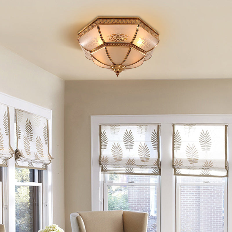 3/4 Bulbs Bowl Ceiling Mount Colonial Brass Curved Frosted Glass Flush Light Fixture for Living Room, 16.5"/18" W Clearhalo 'Ceiling Lights' 'Close To Ceiling Lights' 'Close to ceiling' 'Flush mount' Lighting' 271045