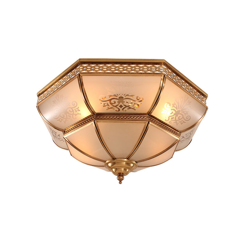 3/4 Bulbs Bowl Ceiling Mount Colonial Brass Curved Frosted Glass Flush Light Fixture for Living Room, 16.5"/18" W Clearhalo 'Ceiling Lights' 'Close To Ceiling Lights' 'Close to ceiling' 'Flush mount' Lighting' 271046