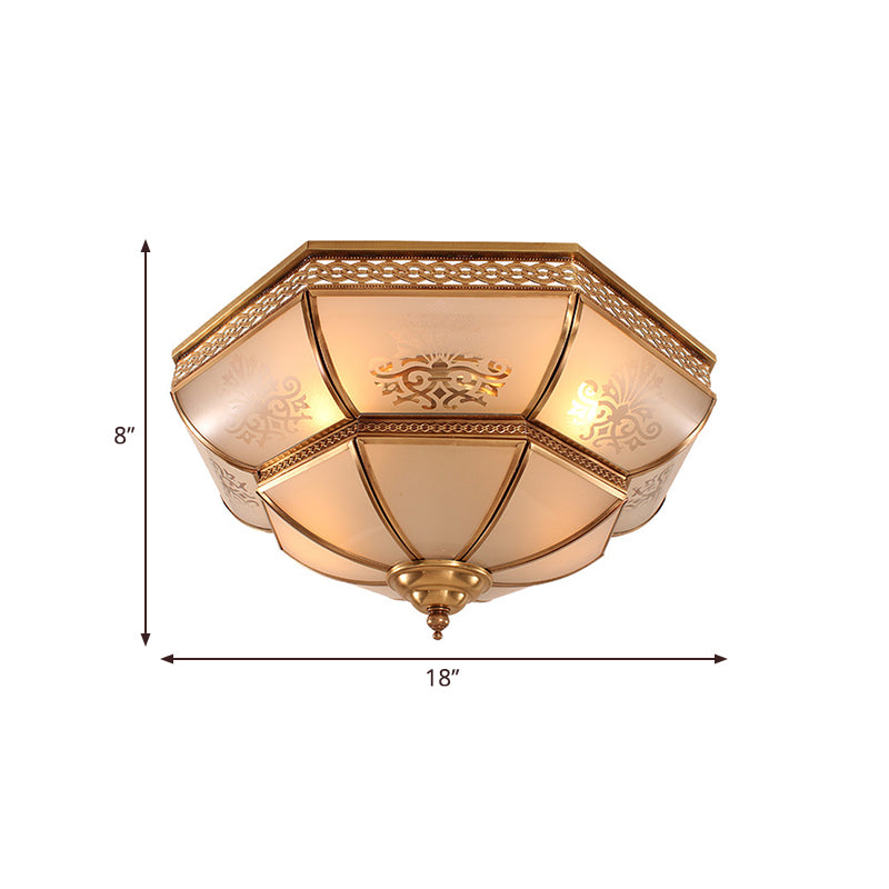 3/4 Bulbs Bowl Ceiling Mount Colonial Brass Curved Frosted Glass Flush Light Fixture for Living Room, 16.5"/18" W Clearhalo 'Ceiling Lights' 'Close To Ceiling Lights' 'Close to ceiling' 'Flush mount' Lighting' 271048