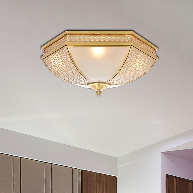 Dome Bedroom Flush Mount Light Colonial Opal Frosted Glass 3 Bulbs Brass Close to Ceiling Lamp Brass Clearhalo 'Ceiling Lights' 'Close To Ceiling Lights' 'Close to ceiling' 'Flush mount' Lighting' 271065