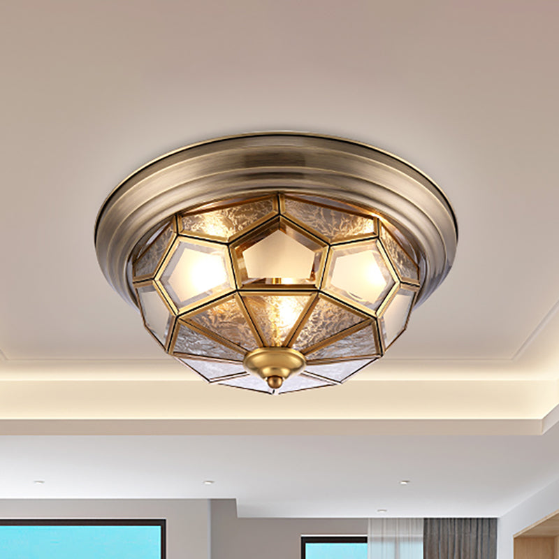 Frosted Bevel Glass Brass Ceiling Flush Faceted 3 Heads Colonialist Flush Mount Lamp for Bedroom Brass Clearhalo 'Ceiling Lights' 'Close To Ceiling Lights' 'Close to ceiling' 'Flush mount' Lighting' 271229