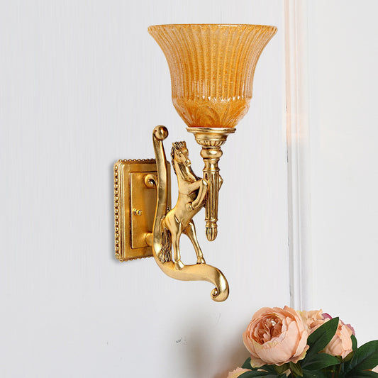 1 Bulb Resin Wall Lamp Retro Golden Steed Surface Wall Sconce with Upward Amber Carved Shade Clearhalo 'Wall Lamps & Sconces' 'Wall Lights' Lighting' 271269