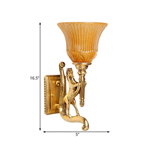 1 Bulb Resin Wall Lamp Retro Golden Steed Surface Wall Sconce with Upward Amber Carved Shade Clearhalo 'Wall Lamps & Sconces' 'Wall Lights' Lighting' 271272