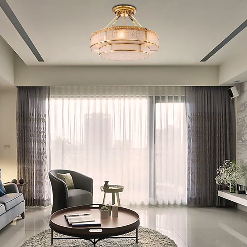 Colonial Round Ceiling Mount Light Fixture 3 Bulbs Milky Glass Semi Flush Chandelier in Brass for Living Room Clearhalo 'Ceiling Lights' 'Close To Ceiling Lights' 'Close to ceiling' 'Glass shade' 'Glass' 'Semi-flushmount' Lighting' 271357