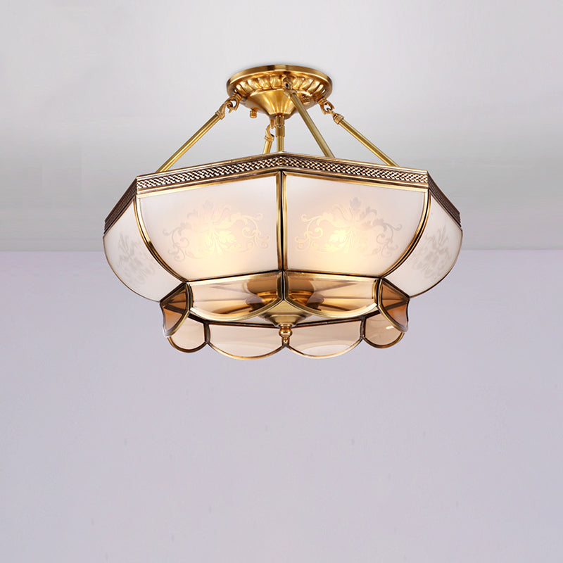 3/4 Bulbs Dome Ceiling Light Fixture Colonial Brass Satin Opal Glass Semi Flush Mount Lighting for Living Room, 14"/18" Dia Brass Clearhalo 'Ceiling Lights' 'Close To Ceiling Lights' 'Close to ceiling' 'Glass shade' 'Glass' 'Semi-flushmount' Lighting' 271361