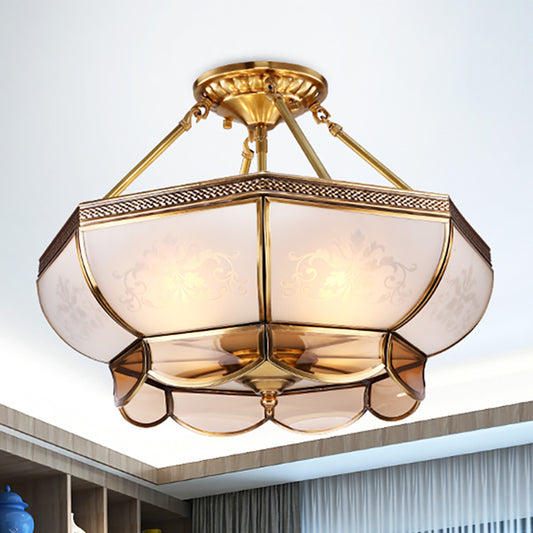 3/4 Bulbs Dome Ceiling Light Fixture Colonial Brass Satin Opal Glass Semi Flush Mount Lighting for Living Room, 14"/18" Dia Clearhalo 'Ceiling Lights' 'Close To Ceiling Lights' 'Close to ceiling' 'Glass shade' 'Glass' 'Semi-flushmount' Lighting' 271362