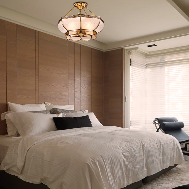 3/4 Bulbs Dome Ceiling Light Fixture Colonial Brass Satin Opal Glass Semi Flush Mount Lighting for Living Room, 14"/18" Dia Clearhalo 'Ceiling Lights' 'Close To Ceiling Lights' 'Close to ceiling' 'Glass shade' 'Glass' 'Semi-flushmount' Lighting' 271363