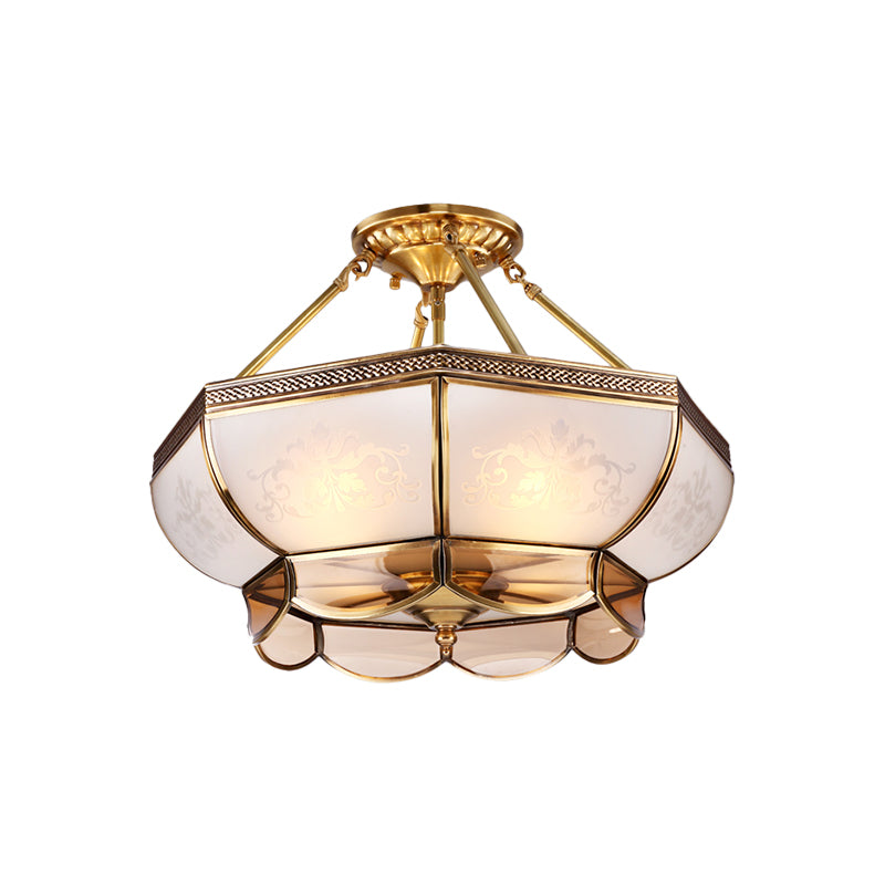 3/4 Bulbs Dome Ceiling Light Fixture Colonial Brass Satin Opal Glass Semi Flush Mount Lighting for Living Room, 14"/18" Dia Clearhalo 'Ceiling Lights' 'Close To Ceiling Lights' 'Close to ceiling' 'Glass shade' 'Glass' 'Semi-flushmount' Lighting' 271364