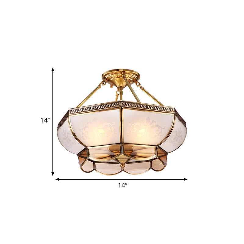 3/4 Bulbs Dome Ceiling Light Fixture Colonial Brass Satin Opal Glass Semi Flush Mount Lighting for Living Room, 14"/18" Dia Clearhalo 'Ceiling Lights' 'Close To Ceiling Lights' 'Close to ceiling' 'Glass shade' 'Glass' 'Semi-flushmount' Lighting' 271365
