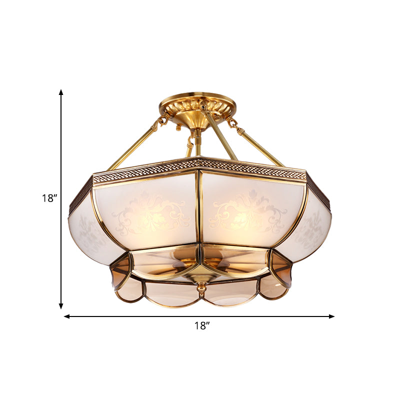 3/4 Bulbs Dome Ceiling Light Fixture Colonial Brass Satin Opal Glass Semi Flush Mount Lighting for Living Room, 14"/18" Dia Clearhalo 'Ceiling Lights' 'Close To Ceiling Lights' 'Close to ceiling' 'Glass shade' 'Glass' 'Semi-flushmount' Lighting' 271366