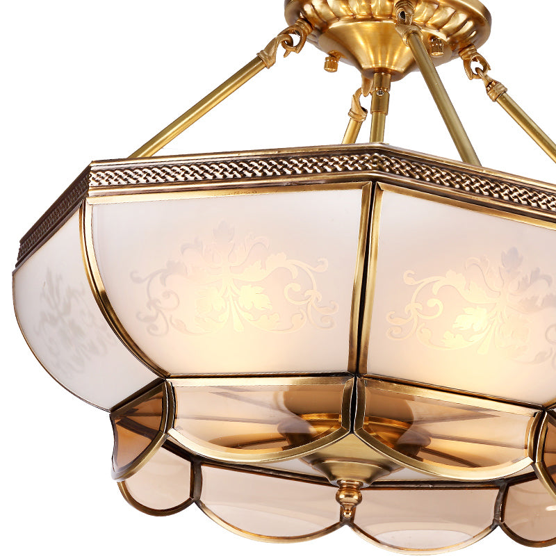 3/4 Bulbs Dome Ceiling Light Fixture Colonial Brass Satin Opal Glass Semi Flush Mount Lighting for Living Room, 14"/18" Dia Clearhalo 'Ceiling Lights' 'Close To Ceiling Lights' 'Close to ceiling' 'Glass shade' 'Glass' 'Semi-flushmount' Lighting' 271367