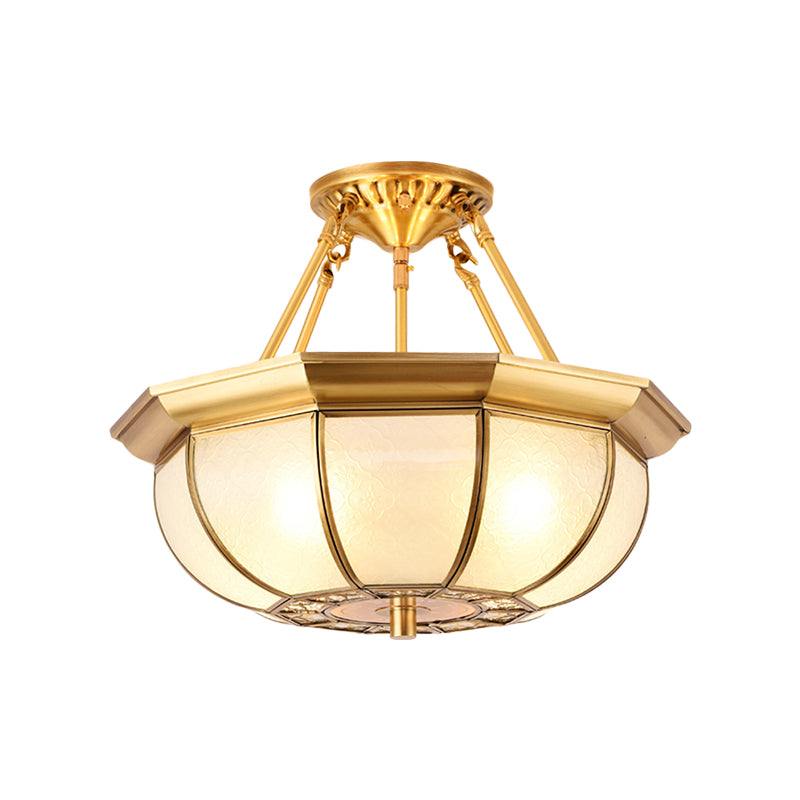 Colonial Oval Ceiling Light Fixture 3/4/6 Bulbs Cream Glass Semi Mount Lighting in Brass for Bedroom, 14"/18"/23.5" W Clearhalo 'Ceiling Lights' 'Close To Ceiling Lights' 'Close to ceiling' 'Glass shade' 'Glass' 'Semi-flushmount' Lighting' 271397