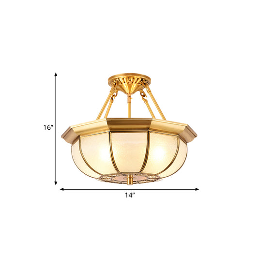 Colonial Oval Ceiling Light Fixture 3/4/6 Bulbs Cream Glass Semi Mount Lighting in Brass for Bedroom, 14"/18"/23.5" W Clearhalo 'Ceiling Lights' 'Close To Ceiling Lights' 'Close to ceiling' 'Glass shade' 'Glass' 'Semi-flushmount' Lighting' 271398