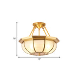 Colonial Oval Ceiling Light Fixture 3/4/6 Bulbs Cream Glass Semi Mount Lighting in Brass for Bedroom, 14"/18"/23.5" W Clearhalo 'Ceiling Lights' 'Close To Ceiling Lights' 'Close to ceiling' 'Glass shade' 'Glass' 'Semi-flushmount' Lighting' 271398