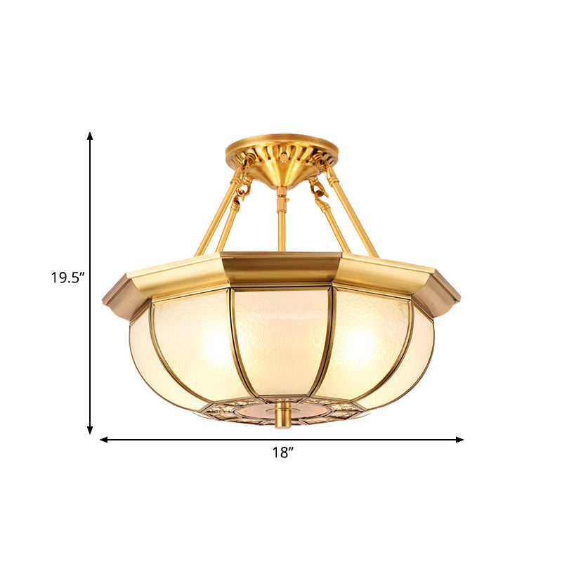 Colonial Oval Ceiling Light Fixture 3/4/6 Bulbs Cream Glass Semi Mount Lighting in Brass for Bedroom, 14"/18"/23.5" W Clearhalo 'Ceiling Lights' 'Close To Ceiling Lights' 'Close to ceiling' 'Glass shade' 'Glass' 'Semi-flushmount' Lighting' 271399