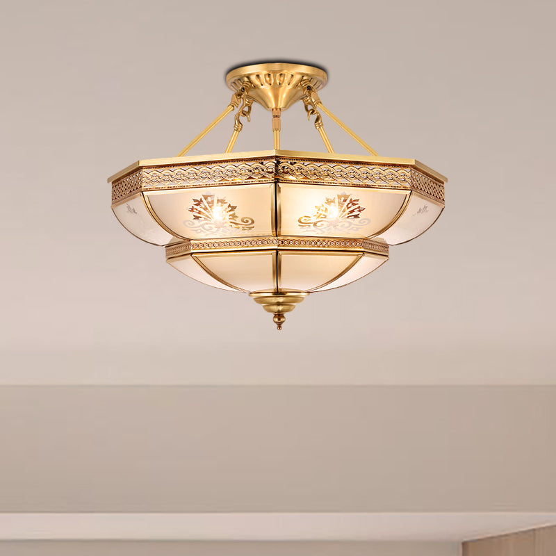 Ivory Glass Brass Ceiling Flush Bowl 4 Heads Colonialist Semi Mount Lighting for Living Room Brass Clearhalo 'Ceiling Lights' 'Close To Ceiling Lights' 'Close to ceiling' 'Glass shade' 'Glass' 'Semi-flushmount' Lighting' 271407