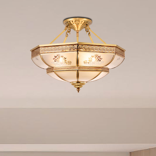 Ivory Glass Brass Ceiling Flush Bowl 4 Heads Colonialist Semi Mount Lighting for Living Room Brass Clearhalo 'Ceiling Lights' 'Close To Ceiling Lights' 'Close to ceiling' 'Glass shade' 'Glass' 'Semi-flushmount' Lighting' 271407