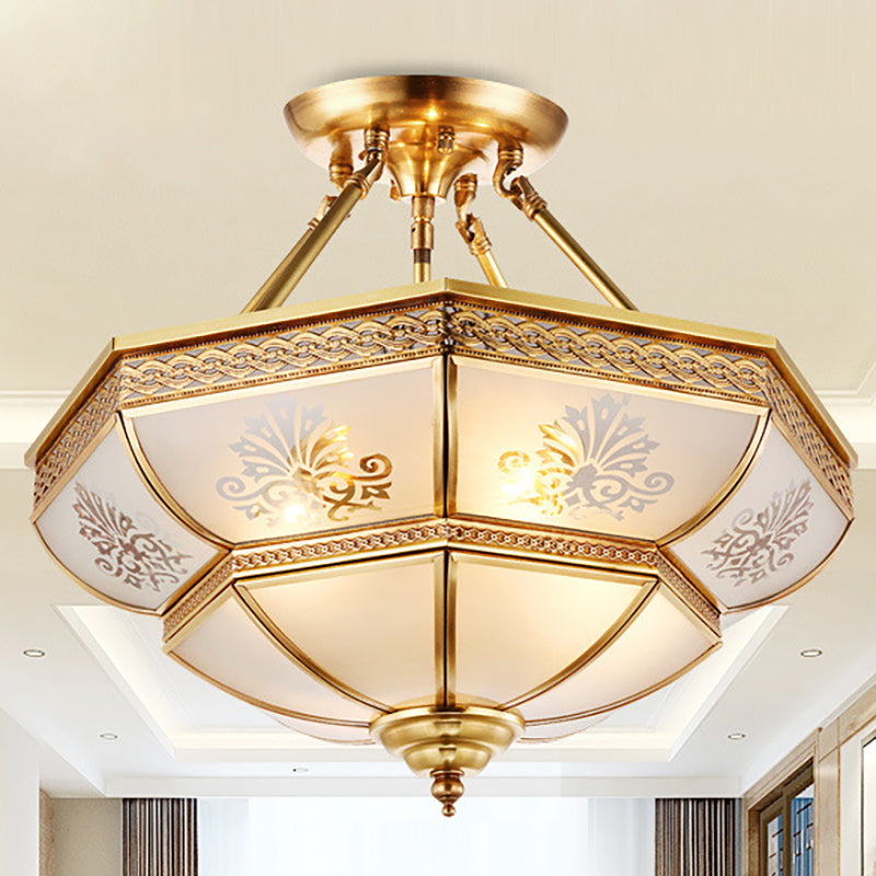 Ivory Glass Brass Ceiling Flush Bowl 4 Heads Colonialist Semi Mount Lighting for Living Room Clearhalo 'Ceiling Lights' 'Close To Ceiling Lights' 'Close to ceiling' 'Glass shade' 'Glass' 'Semi-flushmount' Lighting' 271408