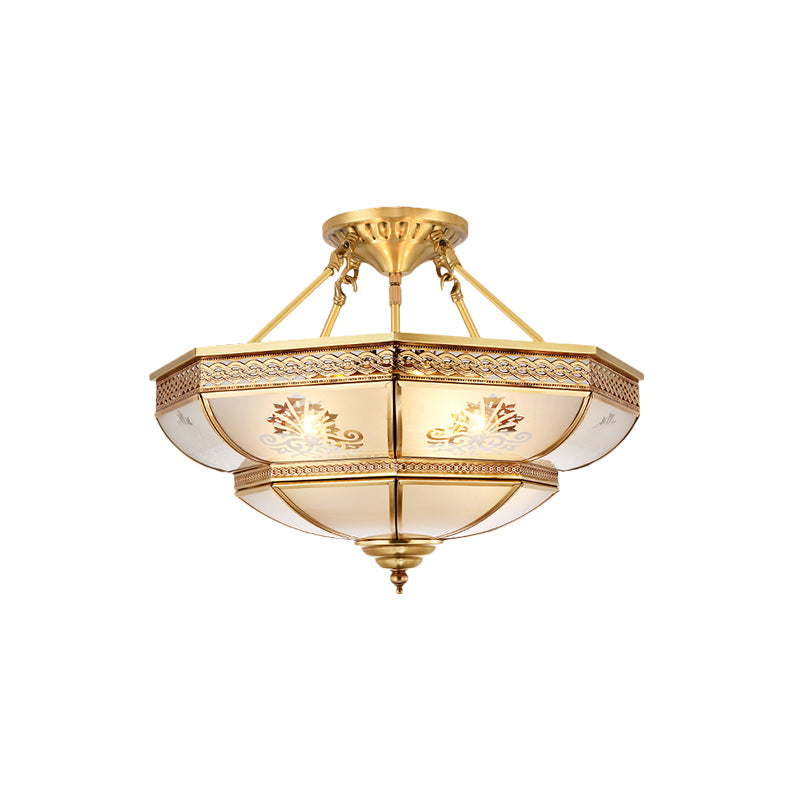 Ivory Glass Brass Ceiling Flush Bowl 4 Heads Colonialist Semi Mount Lighting for Living Room Clearhalo 'Ceiling Lights' 'Close To Ceiling Lights' 'Close to ceiling' 'Glass shade' 'Glass' 'Semi-flushmount' Lighting' 271410