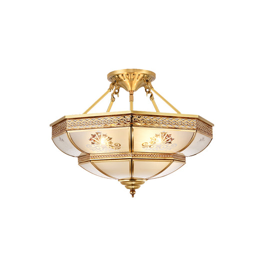 Ivory Glass Brass Ceiling Flush Bowl 4 Heads Colonialist Semi Mount Lighting for Living Room Clearhalo 'Ceiling Lights' 'Close To Ceiling Lights' 'Close to ceiling' 'Glass shade' 'Glass' 'Semi-flushmount' Lighting' 271410