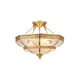 Ivory Glass Brass Ceiling Flush Bowl 4 Heads Colonialist Semi Mount Lighting for Living Room Clearhalo 'Ceiling Lights' 'Close To Ceiling Lights' 'Close to ceiling' 'Glass shade' 'Glass' 'Semi-flushmount' Lighting' 271410