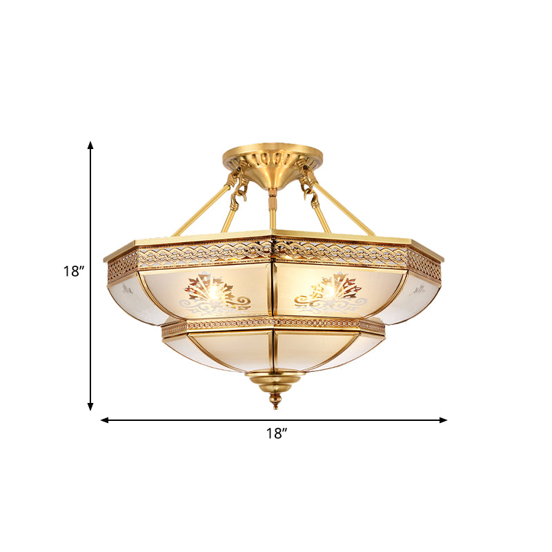 Ivory Glass Brass Ceiling Flush Bowl 4 Heads Colonialist Semi Mount Lighting for Living Room Clearhalo 'Ceiling Lights' 'Close To Ceiling Lights' 'Close to ceiling' 'Glass shade' 'Glass' 'Semi-flushmount' Lighting' 271411