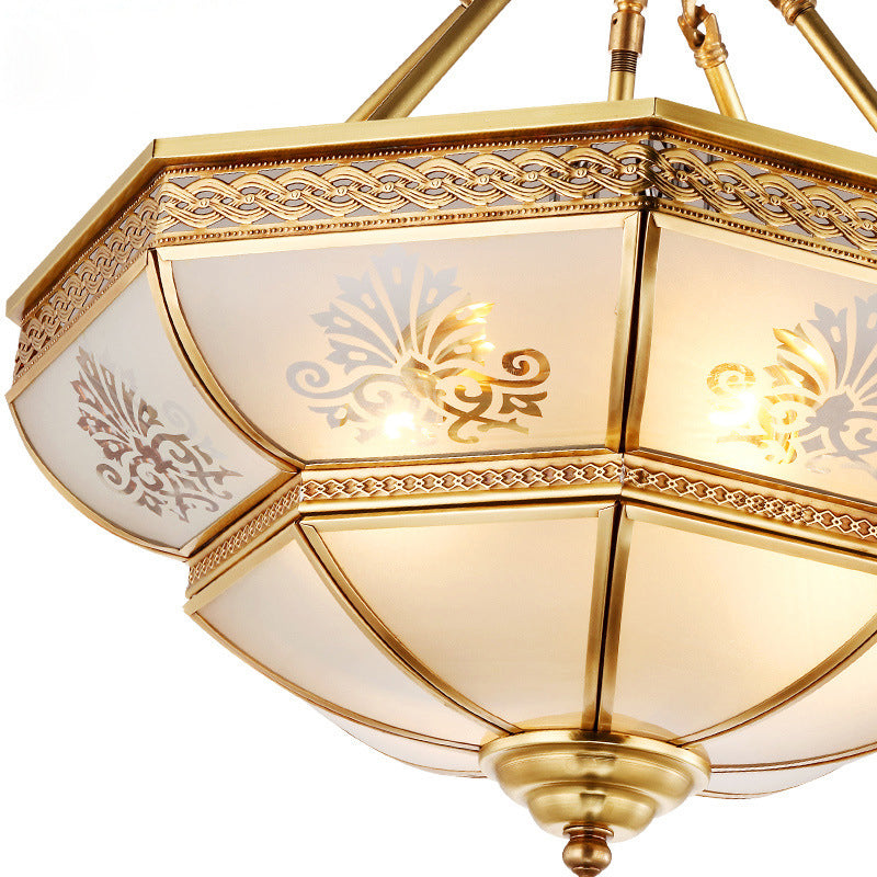 Ivory Glass Brass Ceiling Flush Bowl 4 Heads Colonialist Semi Mount Lighting for Living Room Clearhalo 'Ceiling Lights' 'Close To Ceiling Lights' 'Close to ceiling' 'Glass shade' 'Glass' 'Semi-flushmount' Lighting' 271412