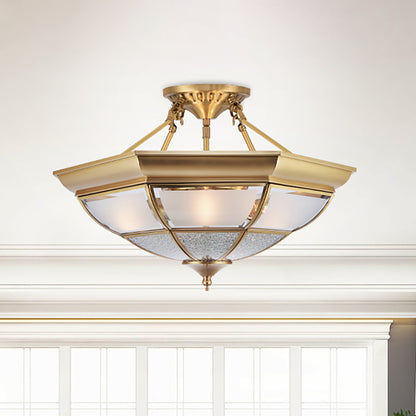 3/4-Light White Glass Semi Flush Colonialist Brass Inverted Living Room Close to Ceiling Lighting, 16"/19.5" W Brass Clearhalo 'Ceiling Lights' 'Close To Ceiling Lights' 'Close to ceiling' 'Glass shade' 'Glass' 'Semi-flushmount' Lighting' 271451