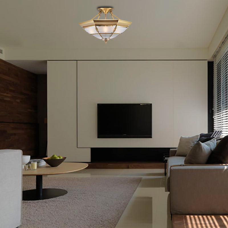 3/4-Light White Glass Semi Flush Colonialist Brass Inverted Living Room Close to Ceiling Lighting, 16"/19.5" W Clearhalo 'Ceiling Lights' 'Close To Ceiling Lights' 'Close to ceiling' 'Glass shade' 'Glass' 'Semi-flushmount' Lighting' 271453
