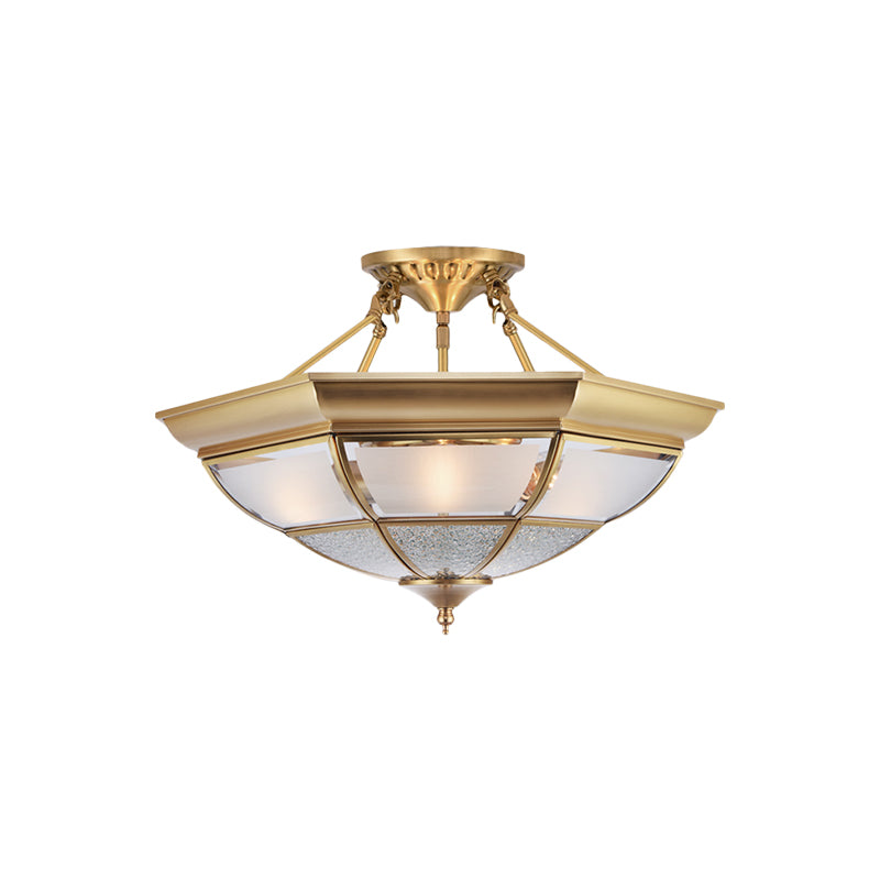 3/4-Light White Glass Semi Flush Colonialist Brass Inverted Living Room Close to Ceiling Lighting, 16"/19.5" W Clearhalo 'Ceiling Lights' 'Close To Ceiling Lights' 'Close to ceiling' 'Glass shade' 'Glass' 'Semi-flushmount' Lighting' 271454