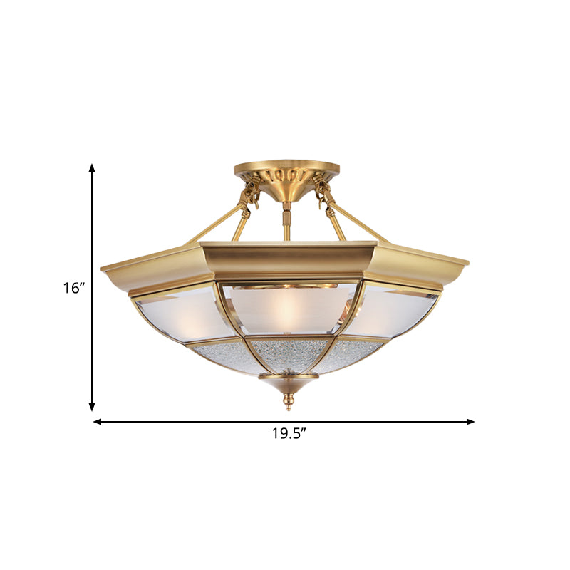 3/4-Light White Glass Semi Flush Colonialist Brass Inverted Living Room Close to Ceiling Lighting, 16"/19.5" W Clearhalo 'Ceiling Lights' 'Close To Ceiling Lights' 'Close to ceiling' 'Glass shade' 'Glass' 'Semi-flushmount' Lighting' 271456