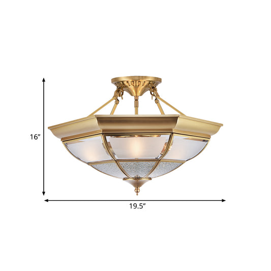 3/4-Light White Glass Semi Flush Colonialist Brass Inverted Living Room Close to Ceiling Lighting, 16"/19.5" W Clearhalo 'Ceiling Lights' 'Close To Ceiling Lights' 'Close to ceiling' 'Glass shade' 'Glass' 'Semi-flushmount' Lighting' 271456