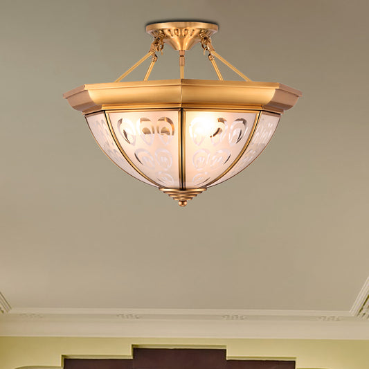 Colonial Dome Ceiling Mount Light Fixture 15"/19" W 3/4 Bulbs Opal Glass Semi Flush Chandelier in Brass for Living Room Brass Clearhalo 'Ceiling Lights' 'Close To Ceiling Lights' 'Close to ceiling' 'Glass shade' 'Glass' 'Semi-flushmount' Lighting' 271458