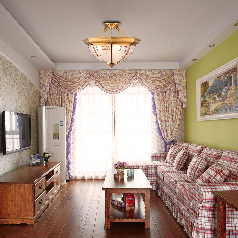 Colonial Dome Ceiling Mount Light Fixture 15"/19" W 3/4 Bulbs Opal Glass Semi Flush Chandelier in Brass for Living Room Clearhalo 'Ceiling Lights' 'Close To Ceiling Lights' 'Close to ceiling' 'Glass shade' 'Glass' 'Semi-flushmount' Lighting' 271460